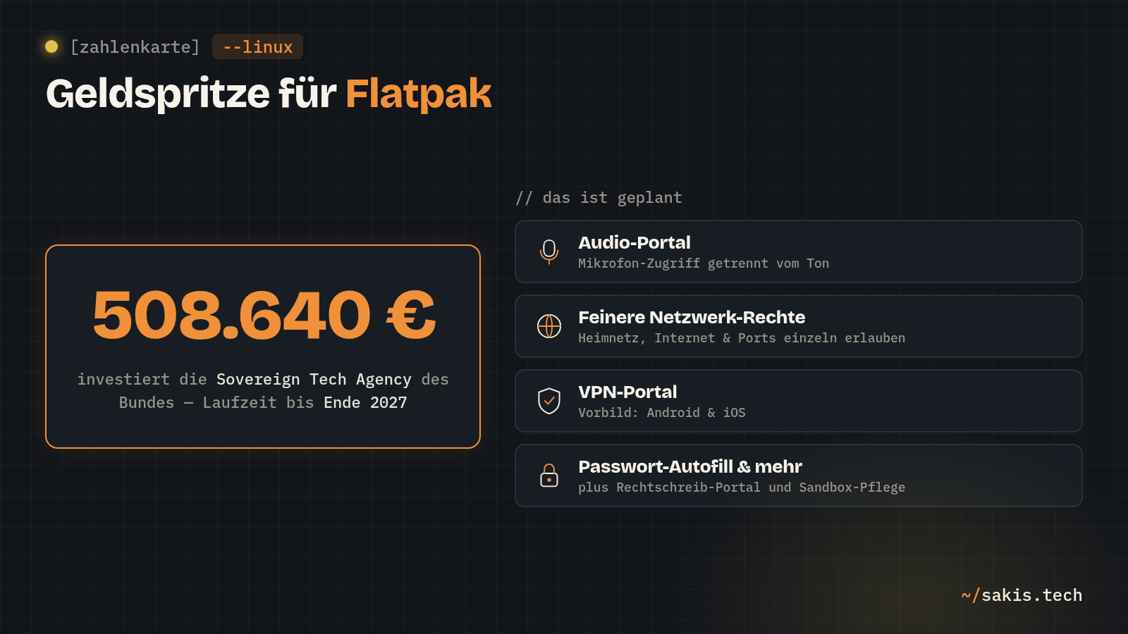 Zahlenkarte: 508.640 Euro investiert die Sovereign Tech Agency des Bundes bis Ende 2027 in Flatpak — geplant sind Audio-Portal, feinere Netzwerk-Rechte, VPN-Portal und Passwort-Autofill