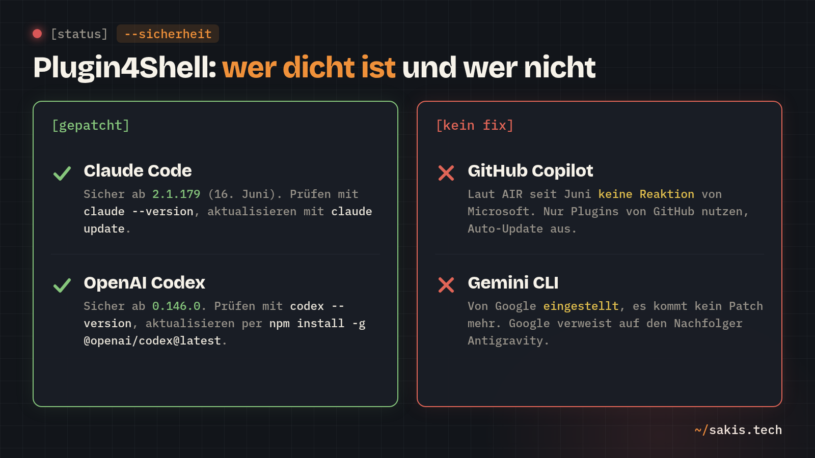 Statuskarte zu Plugin4Shell: Claude Code ab 2.1.179 und OpenAI Codex ab 0.146.0 gepatcht; GitHub Copilot ohne Fix, Gemini CLI eingestellt