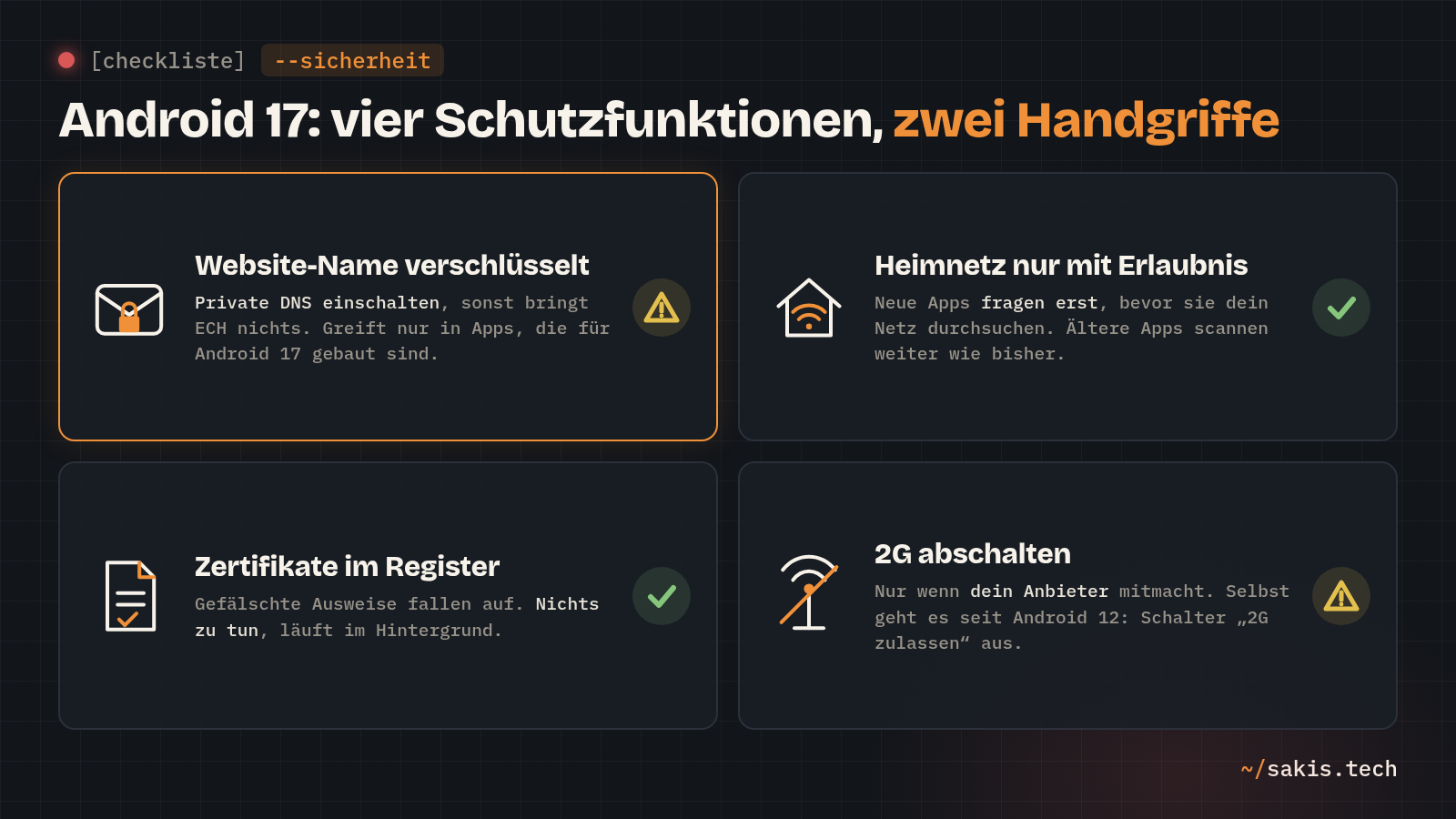 Checkliste: Android 17 bringt vier Schutzfunktionen, bei zweien musst du selbst Hand anlegen: Private DNS einschalten und 2G abschalten