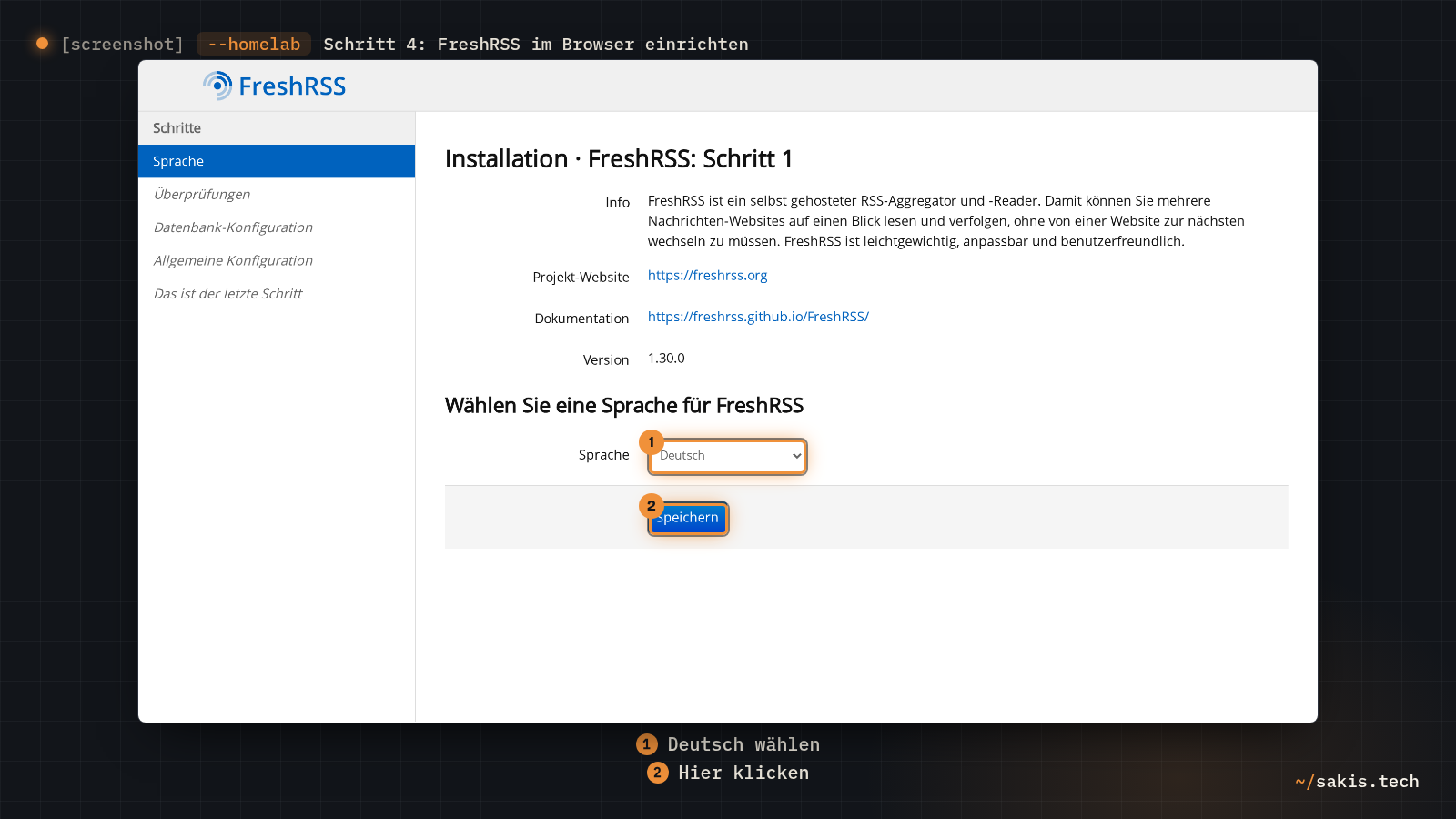 Erste Seite des FreshRSS-Assistenten: Auswahlfeld Sprache steht auf Deutsch, darunter der Knopf Speichern.