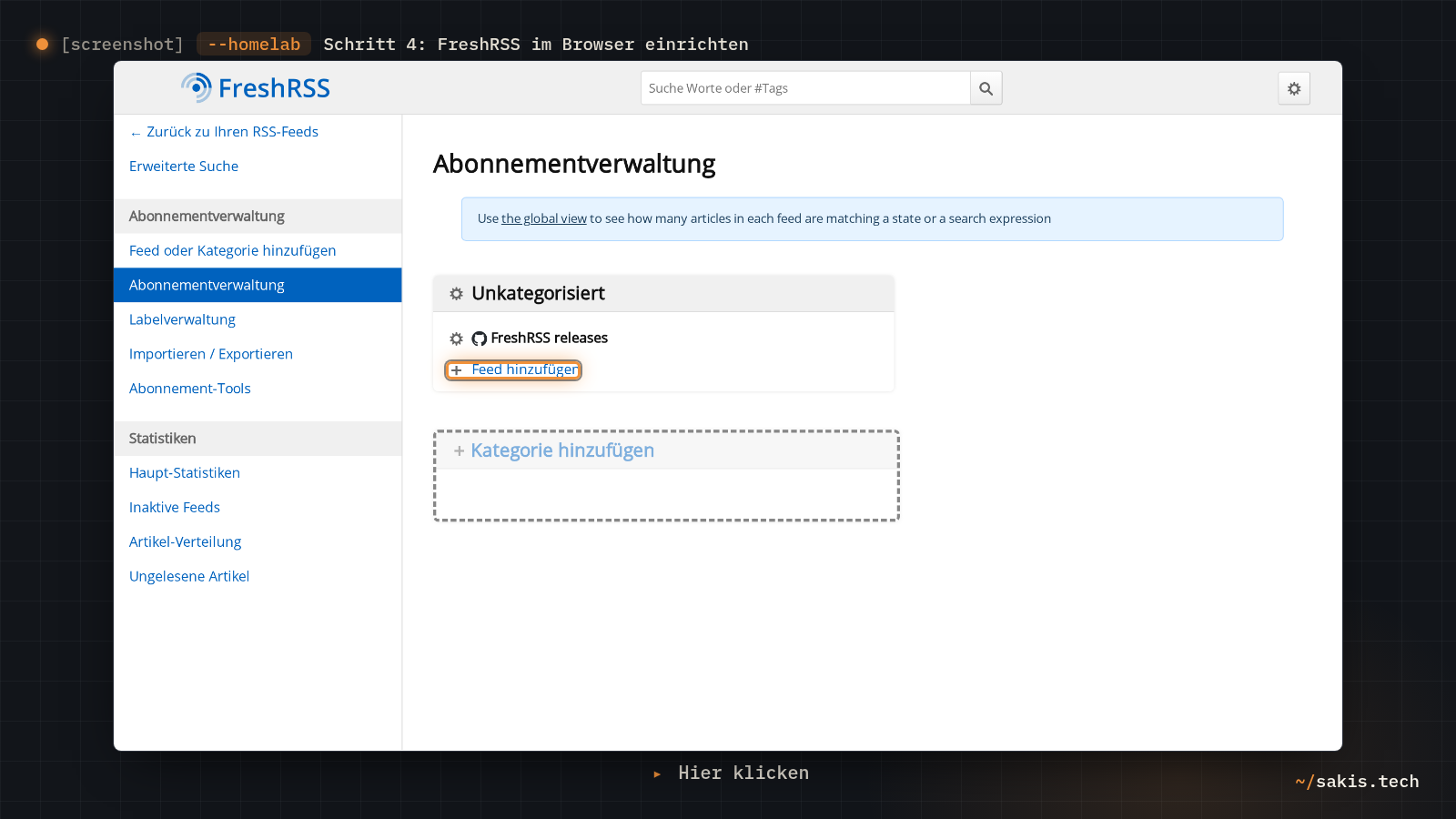 Die Abonnementverwaltung von FreshRSS mit der Kategorie Unkategorisiert und dem Link Feed hinzufügen.