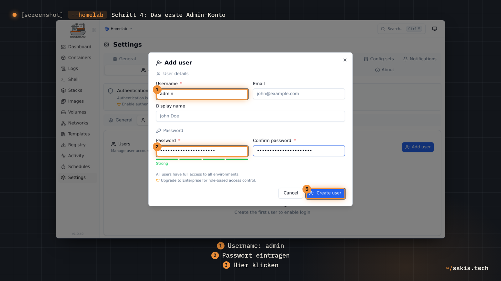 Das Fenster Add user in den Dockhand-Einstellungen mit dem Username admin und den beiden gefüllten Passwortfeldern, unten rechts der Knopf Create user.