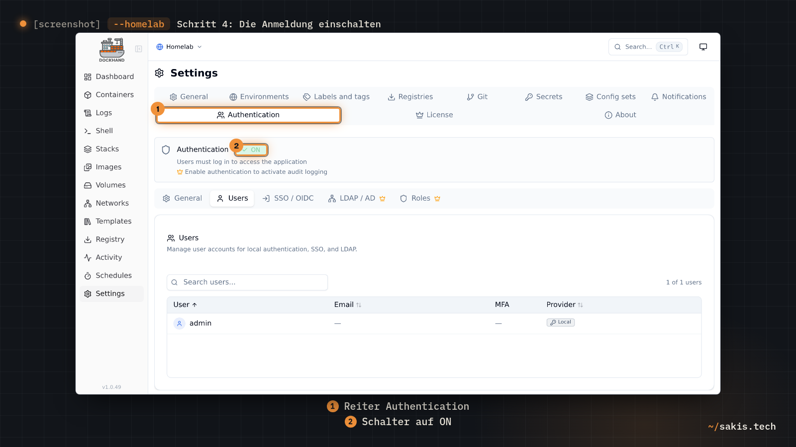 Der Reiter Authentication in den Dockhand-Einstellungen: der Schalter Authentication steht auf ON, darunter die Benutzerliste mit dem Konto admin.