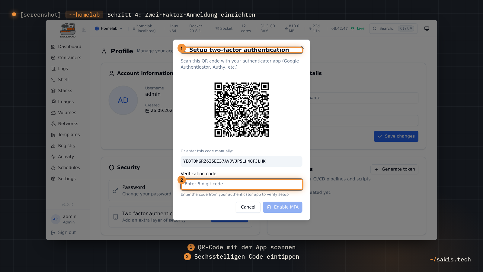Das Fenster Setup two-factor authentication im Profil von admin: oben der QR-Code für die Authenticator-App, darunter das Feld Verification code für den sechsstelligen Code.