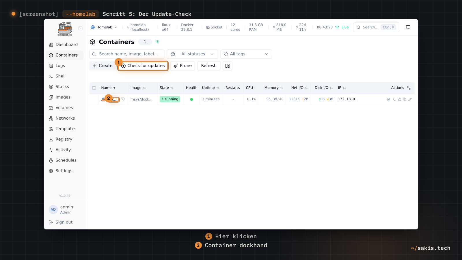 Die Seite Containers in Dockhand mit dem Knopf Check for updates oben und darunter der Liste mit dem laufenden Container dockhand.
