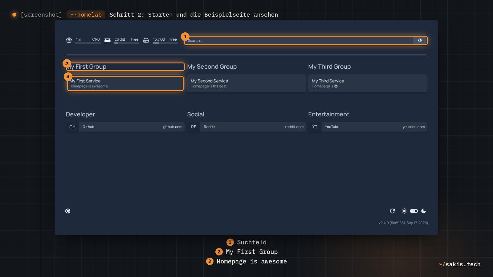 Die Beispielseite von Homepage: oben CPU, Arbeitsspeicher, Festplatte und ein Suchfeld, darunter die Gruppen My First Group, My Second Group und My Third Group mit je einer Kachel.