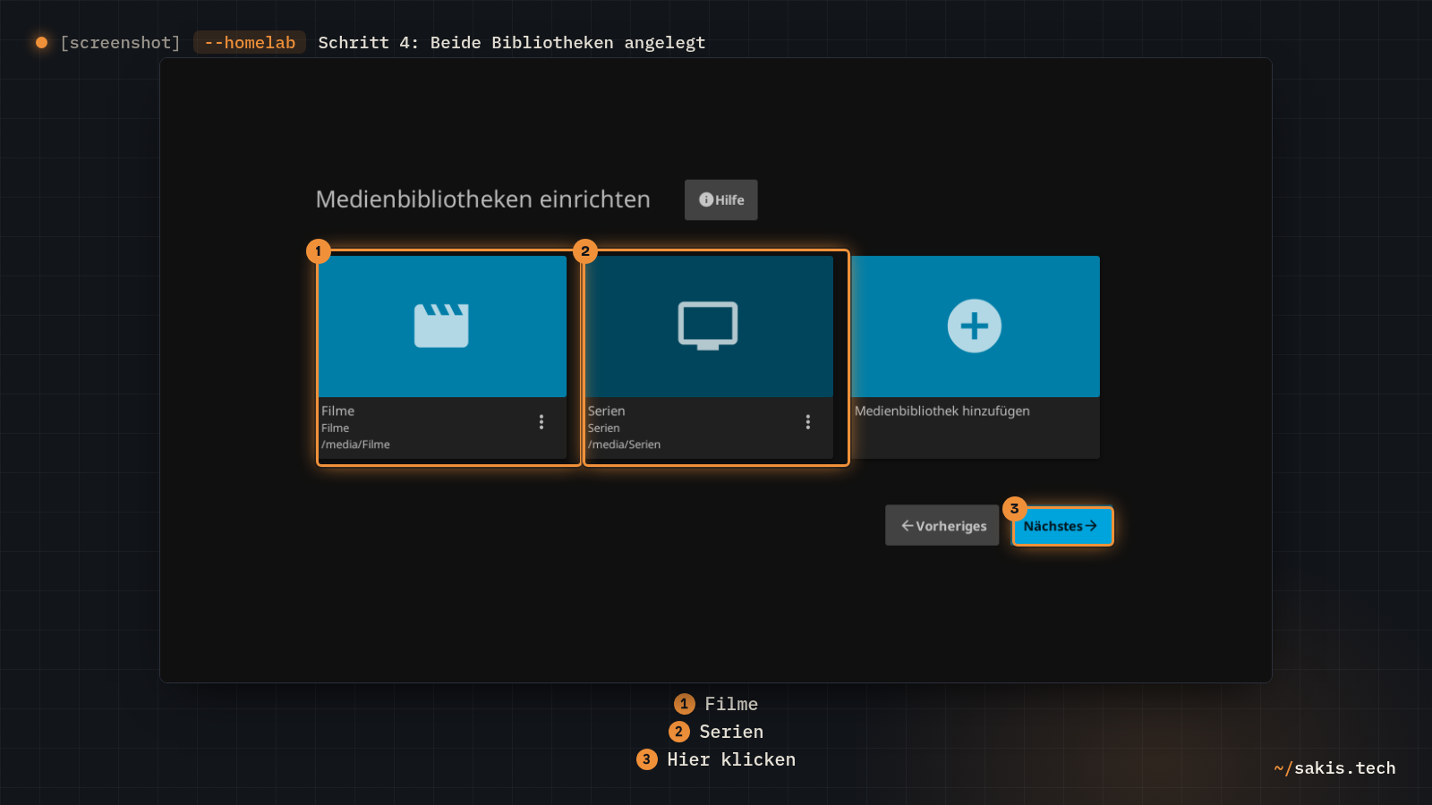 Die Seite Medienbibliotheken einrichten mit den Kacheln Filme und Serien und dem Knopf Nächstes.