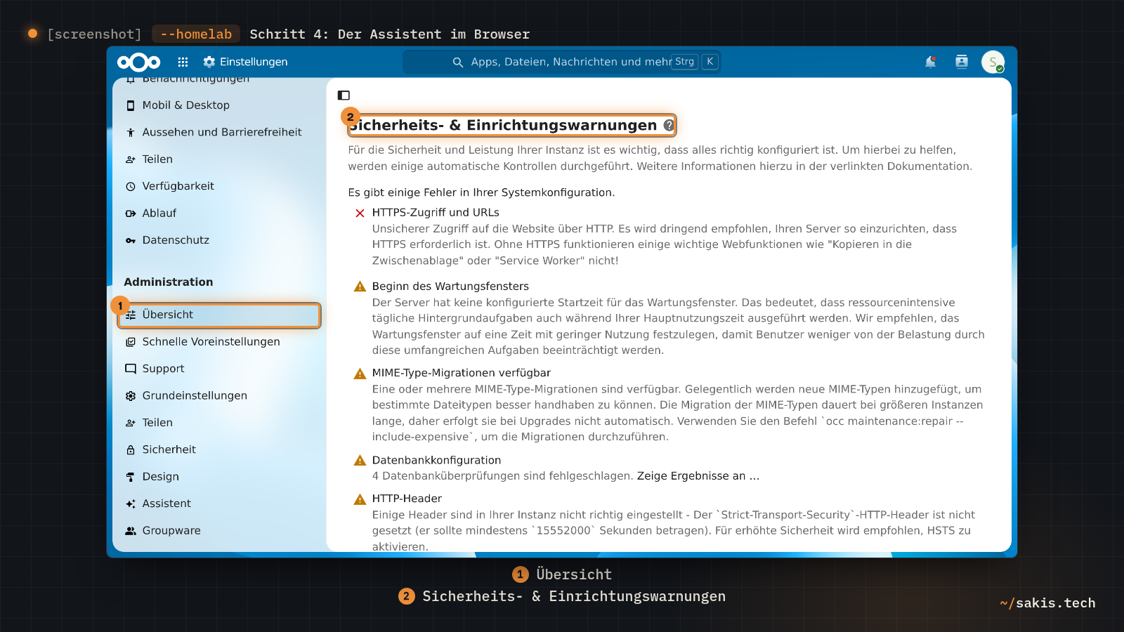 Die Administrationseinstellungen von Nextcloud, links die Navigation mit dem Punkt Übersicht, rechts der Abschnitt Sicherheits- und Einrichtungswarnungen.