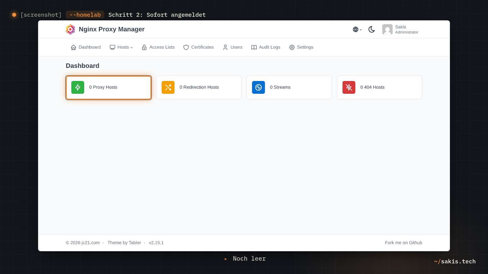 Das Dashboard von Nginx Proxy Manager direkt nach dem Setup: oben das Menü, darunter die vier Kacheln 0 Proxy Hosts, 0 Redirection Hosts, 0 Streams und 0 404 Hosts.
