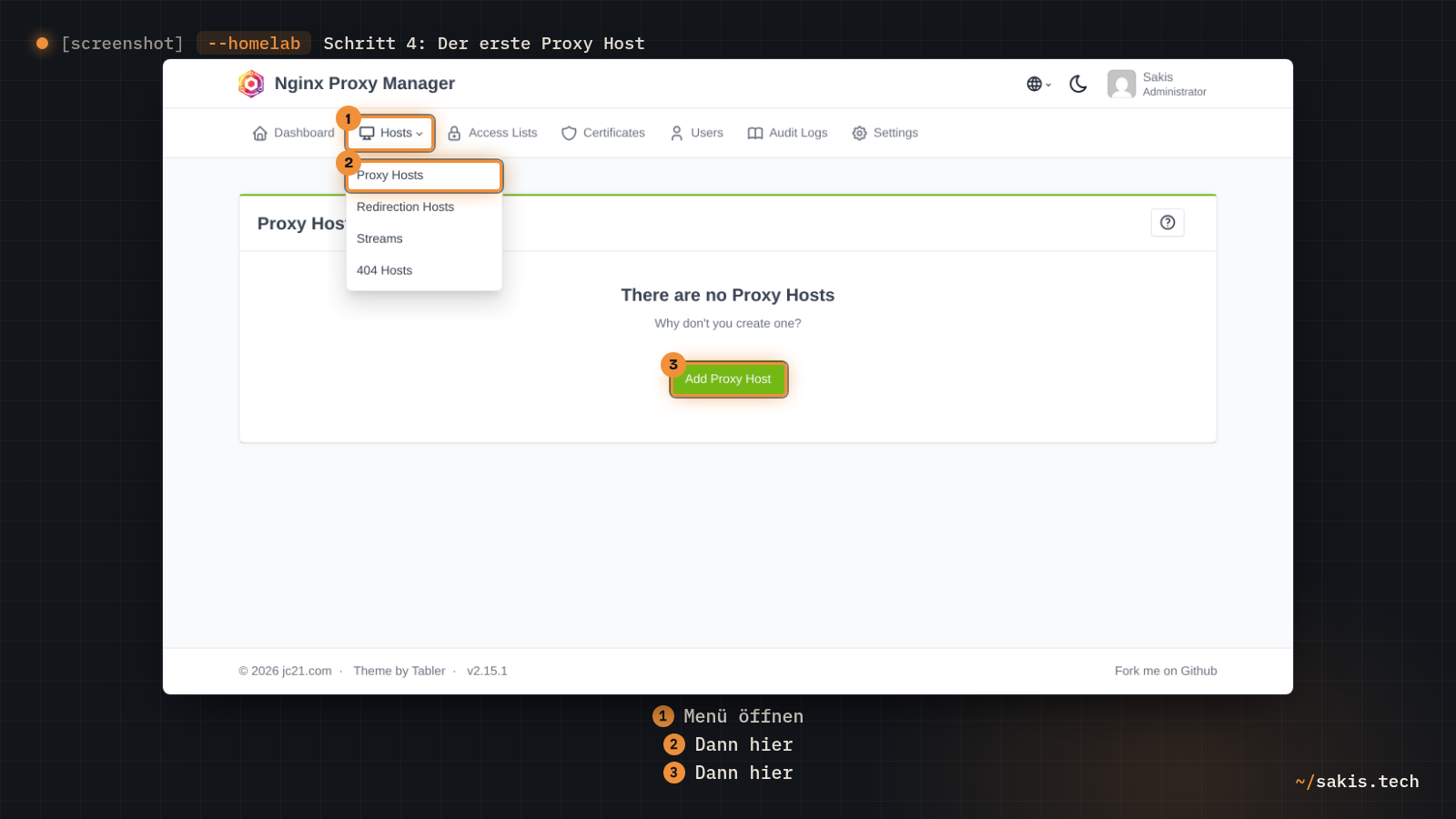 Die Seite Proxy Hosts in Nginx Proxy Manager, noch ohne Einträge, mit dem aufgeklappten Menü Hosts und dem Knopf Add Proxy Host.