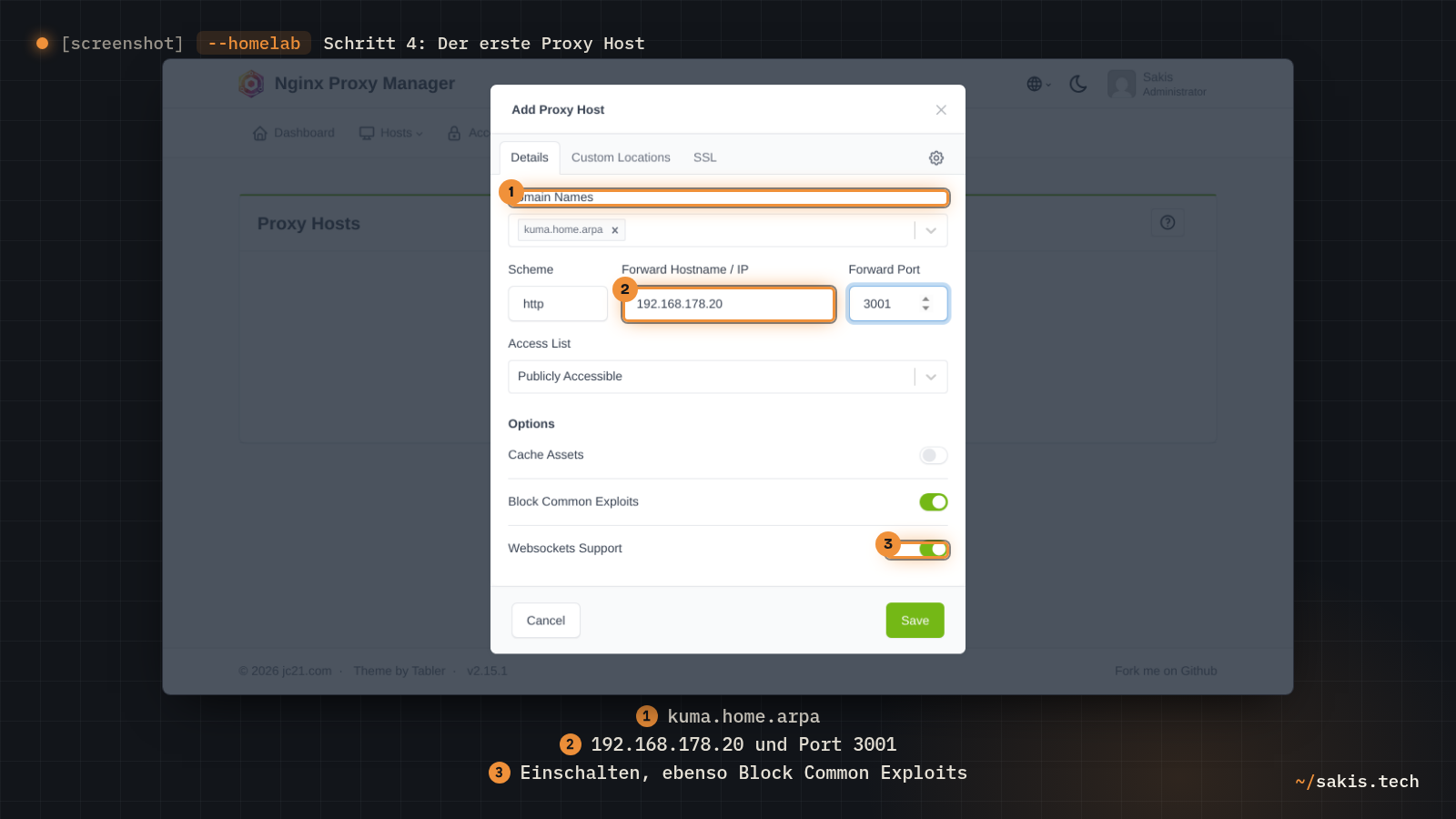 Der Dialog Add Proxy Host im Reiter Details: Domain Names kuma.home.arpa, Scheme http, Forward Hostname / IP 192.168.178.20, Forward Port 3001, die Schalter Block Common Exploits und Websockets Support eingeschaltet, Cache Assets aus, unten Save.