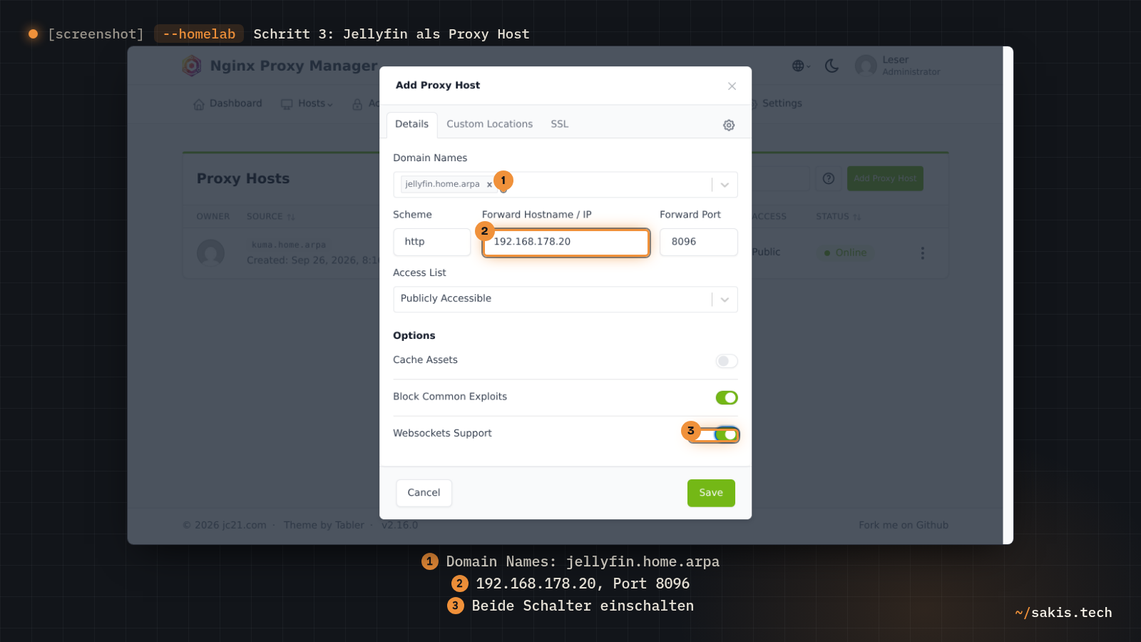 Das Formular Add Proxy Host in Nginx Proxy Manager mit jellyfin.home.arpa als Domain, 192.168.178.20 und Port 8096 als Ziel sowie eingeschalteten Schaltern Block Common Exploits und Websockets Support.