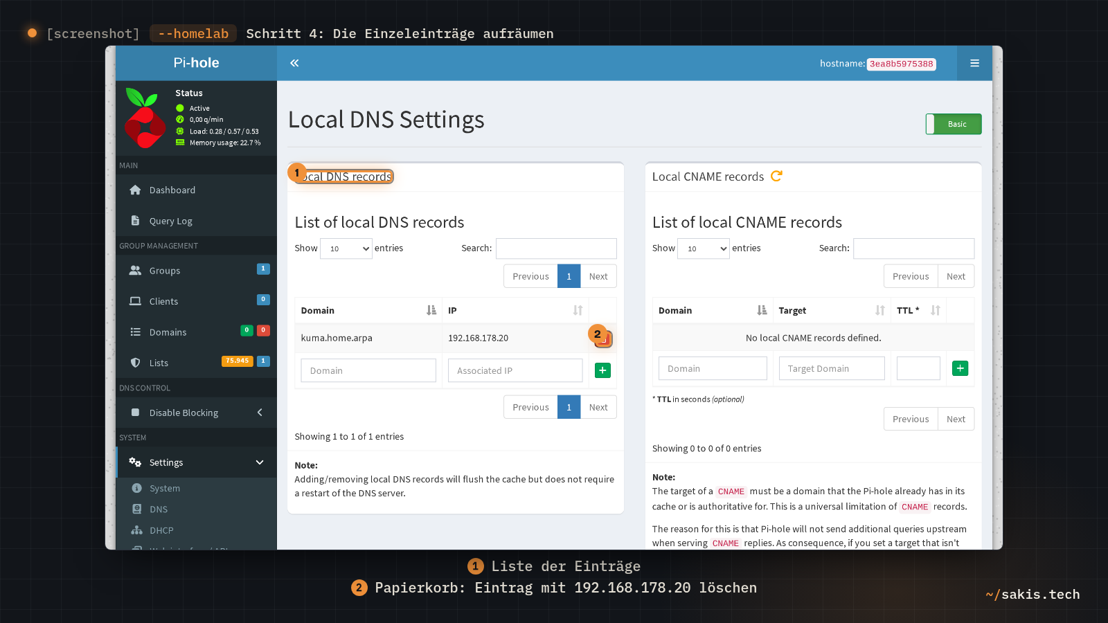 Die Seite Local DNS Records in Pi-hole mit dem Eintrag kuma.home.arpa auf 192.168.178.20 und dem Papierkorb-Symbol rechts daneben.