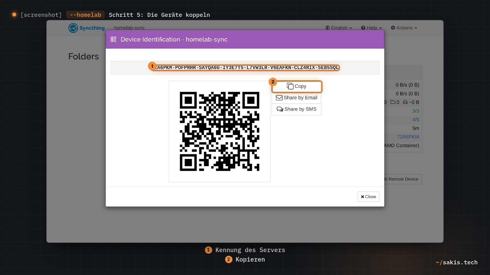 Das Fenster Device Identification von homelab-sync zeigt die Gerätekennung als Text und QR-Code, daneben der Knopf Copy.