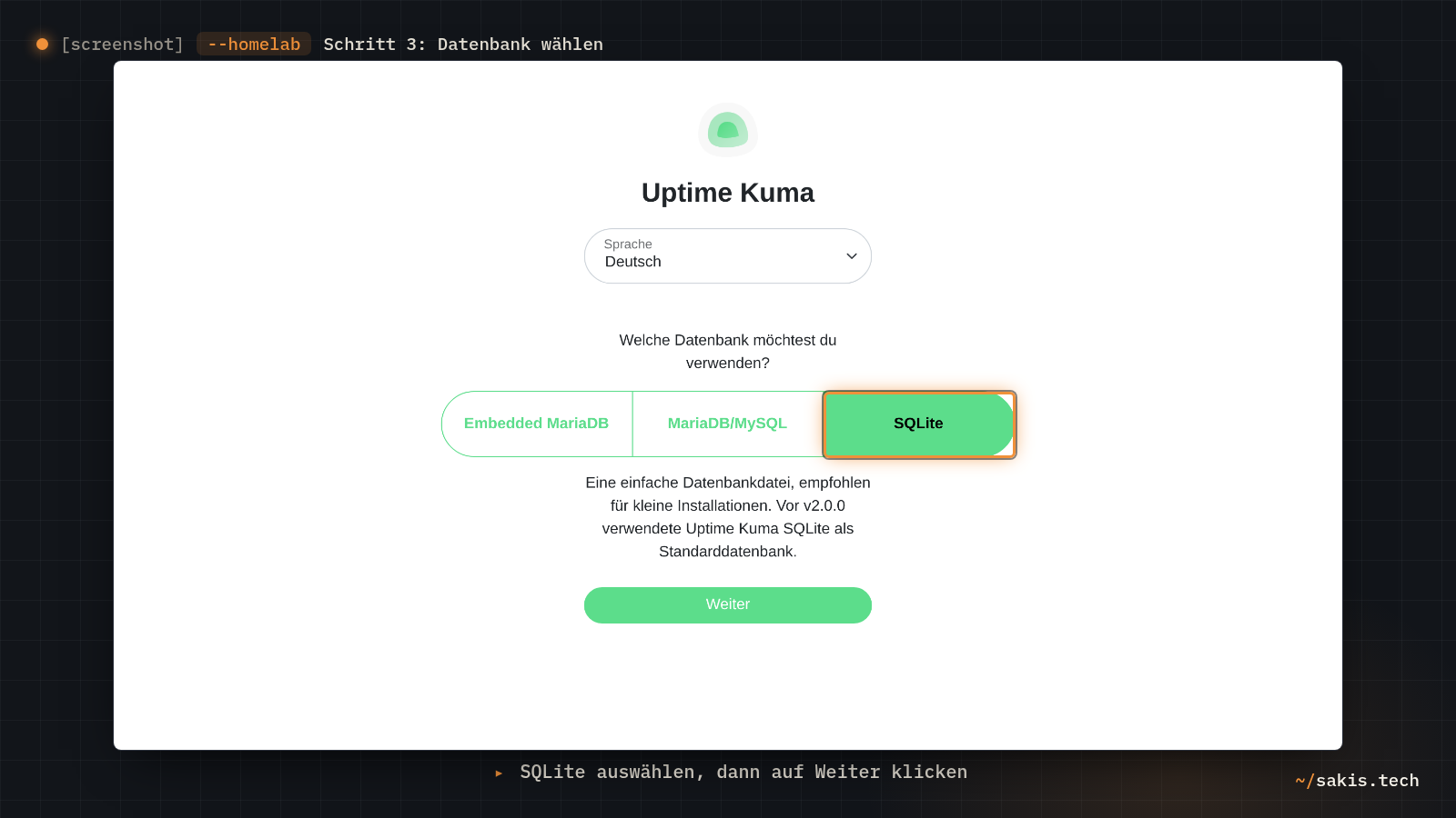 Die Einrichtungsseite von Uptime Kuma mit der Auswahl zwischen SQLite, eingebetteter MariaDB und externer MariaDB