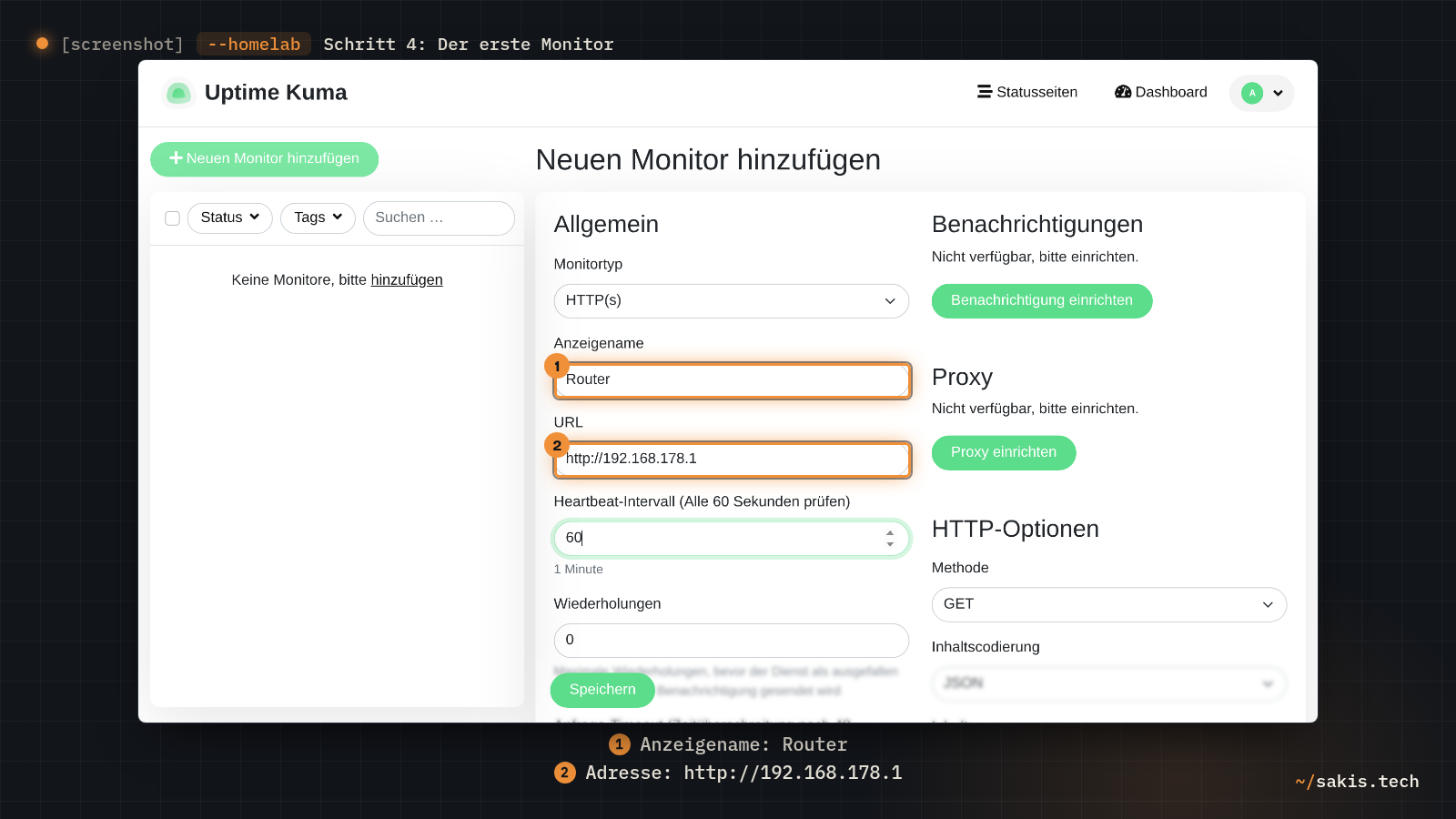 Das Formular für einen neuen Monitor mit Monitortyp HTTP(s), Anzeigename Router und der Adresse des Routers
