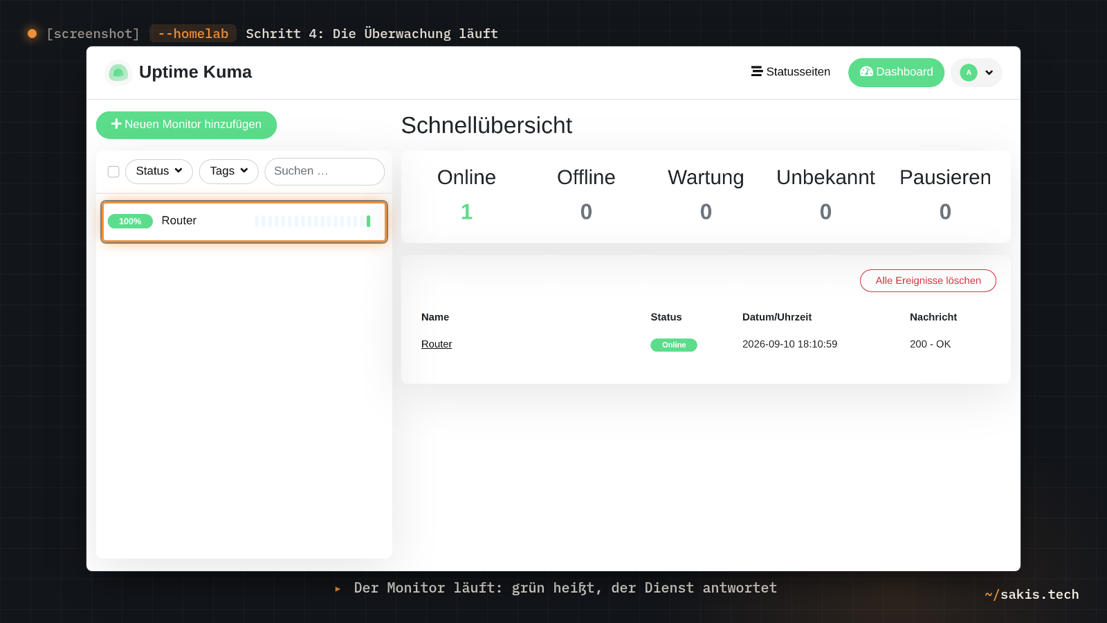 Das Uptime-Kuma-Dashboard mit dem laufenden Monitor auf 100 Prozent und der Schnellübersicht