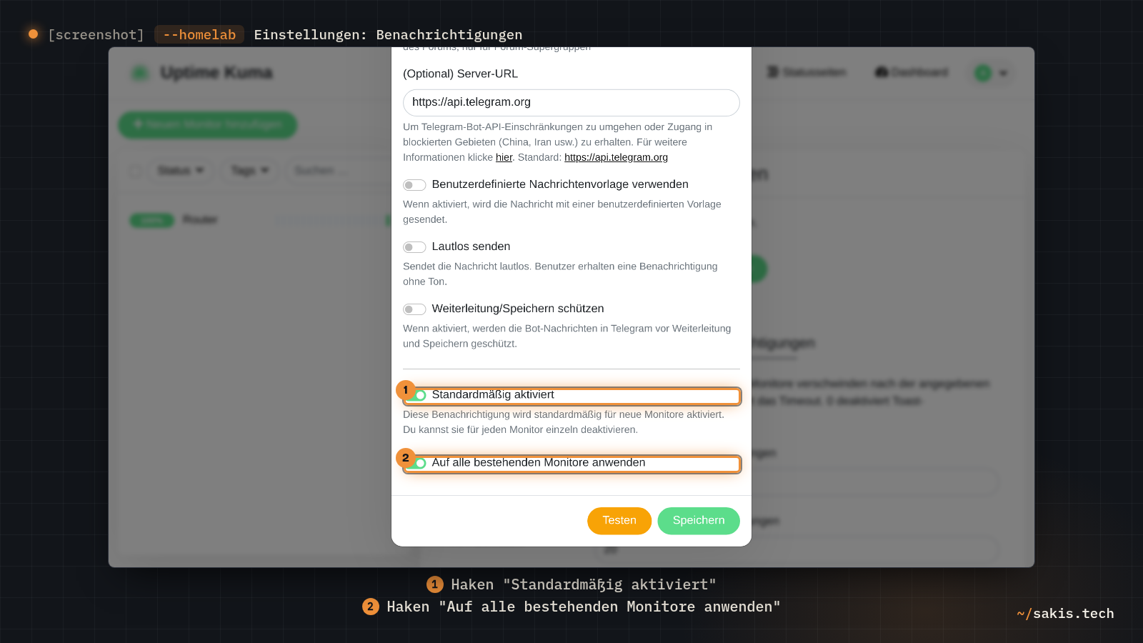 Der Dialog zum Einrichten einer Benachrichtigung mit den beiden Haken am Ende der Liste