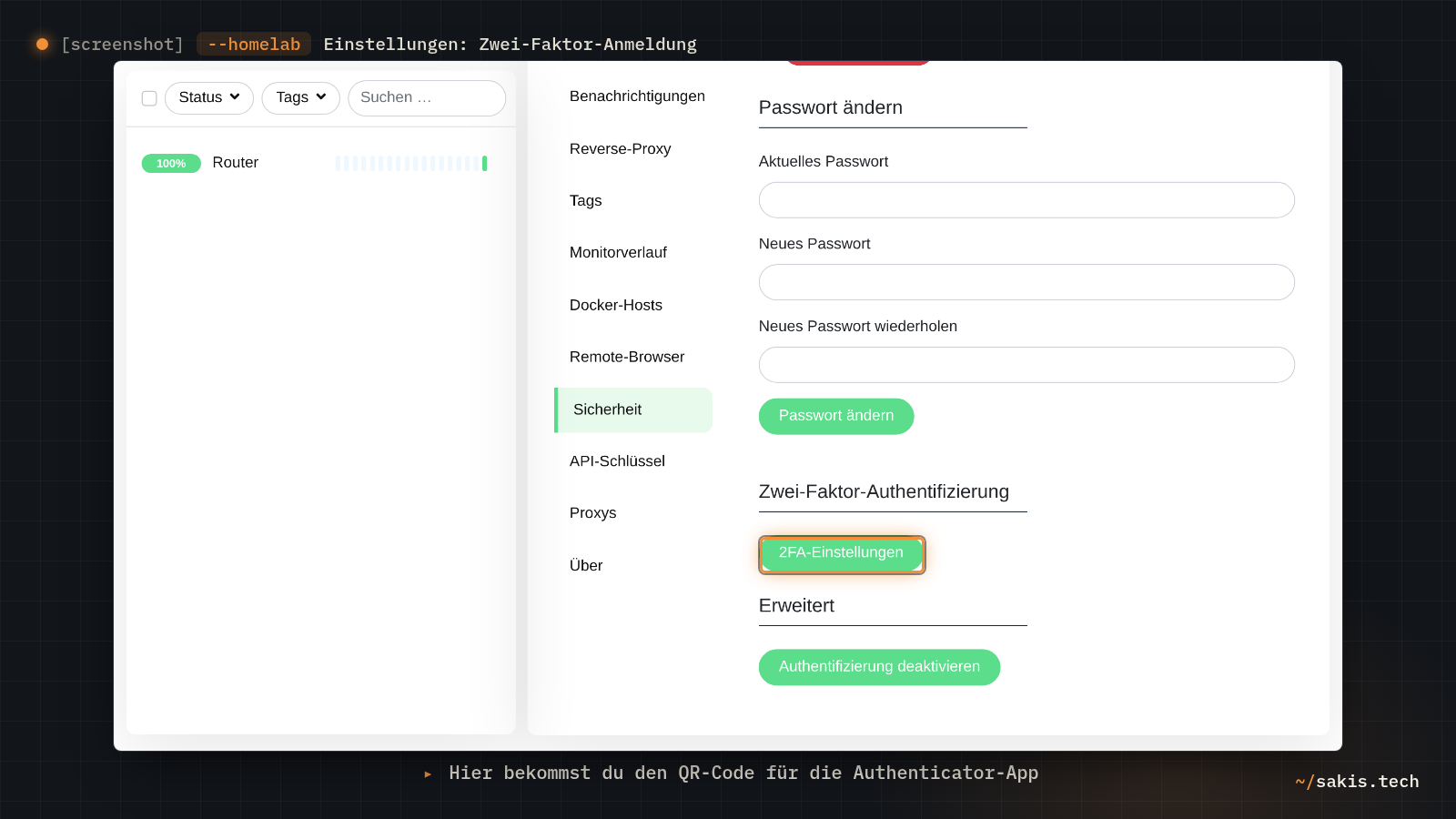 Die Sicherheitseinstellungen von Uptime Kuma mit dem Knopf für die Zwei-Faktor-Anmeldung