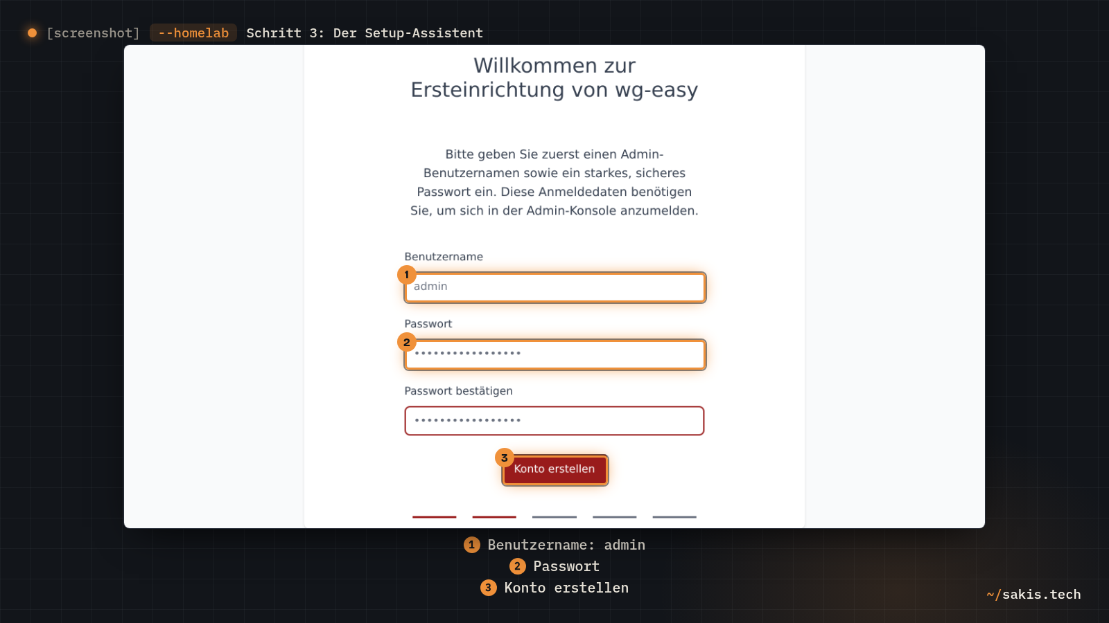 Das Konto-Formular des Assistenten mit ausgefülltem Benutzernamen, Passwort und Passwort bestätigen und dem Knopf Konto erstellen.