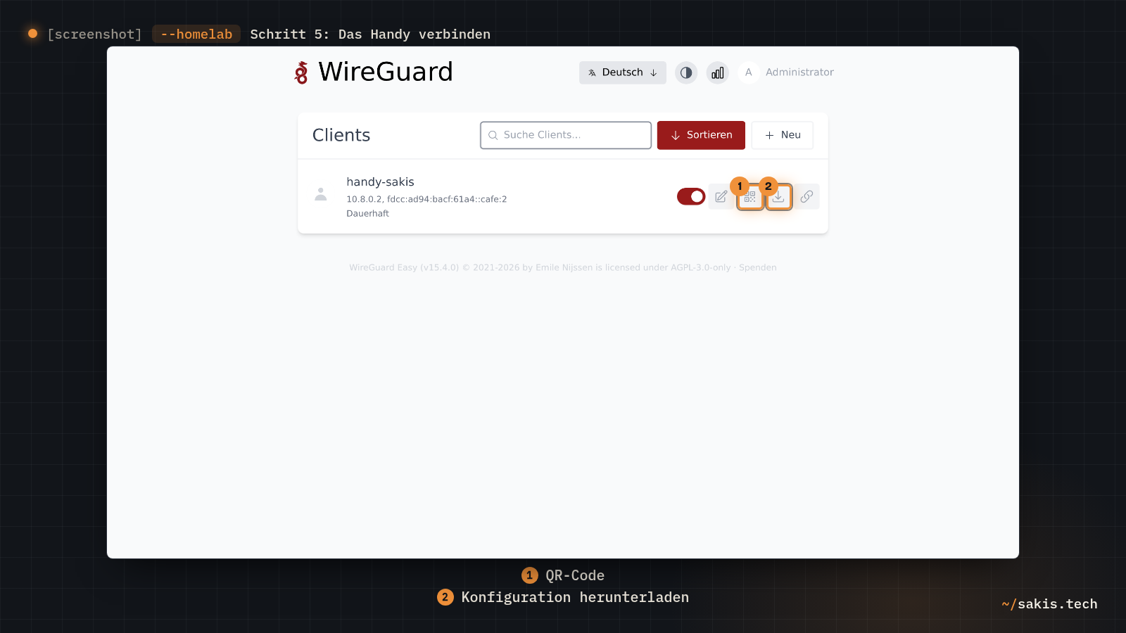 Die Client-Liste von wg-easy mit dem neuen Client handy-sakis und seinen unbeschrifteten Symbolen; das zweite öffnet den QR-Code, das dritte lädt die Konfiguration herunter.