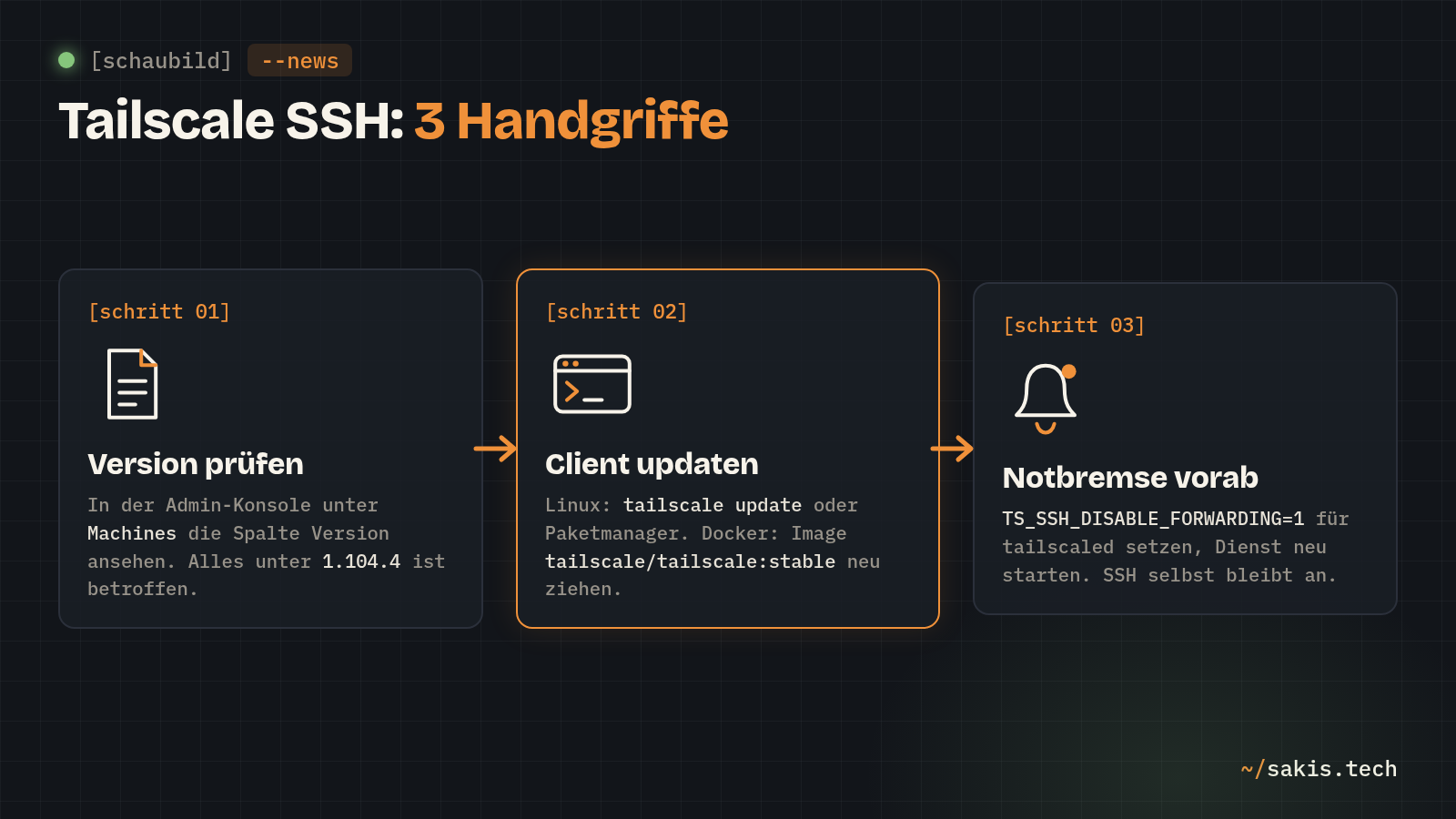 Schaubild: Version prüfen, Tailscale-Client updaten, bis dahin SSH-Forwarding abschalten