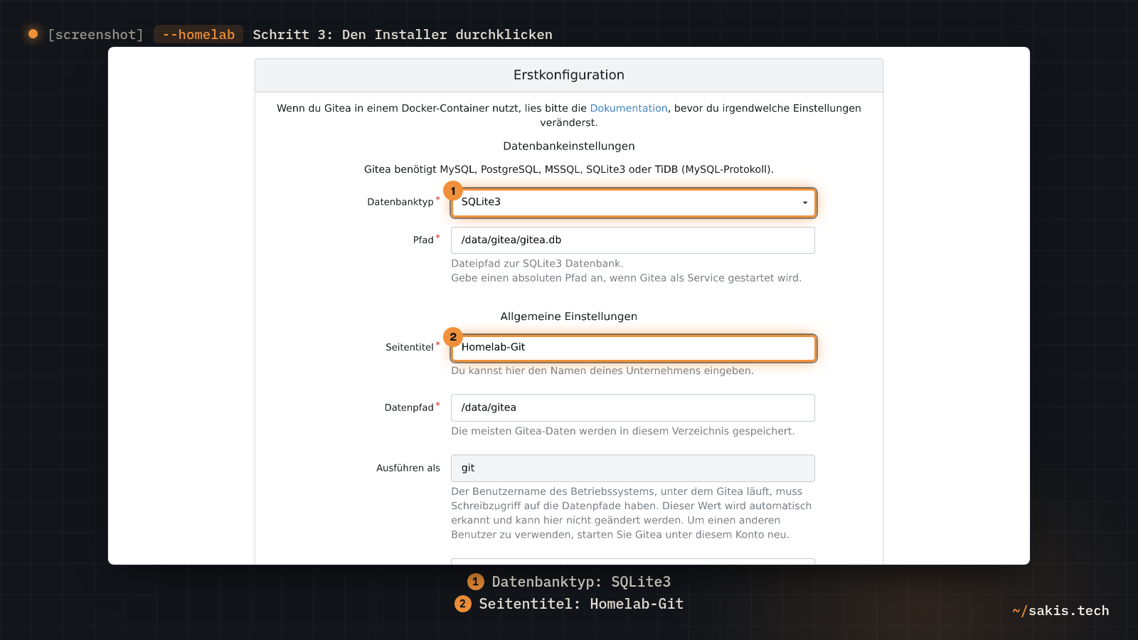 Die Seite Erstkonfiguration von Gitea mit dem Datenbanktyp SQLite3 und dem Seitentitel Homelab-Git.