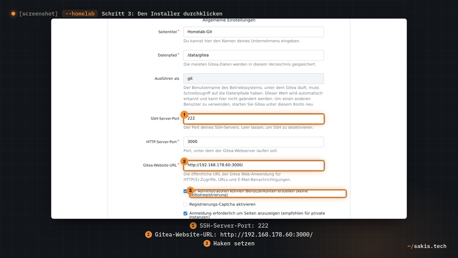 Die allgemeinen Einstellungen im Gitea-Installer mit SSH-Server-Port 222, der Website-URL mit der Server-IP und dem gesetzten Haken, dass nur Administratoren Benutzerkonten erstellen.
