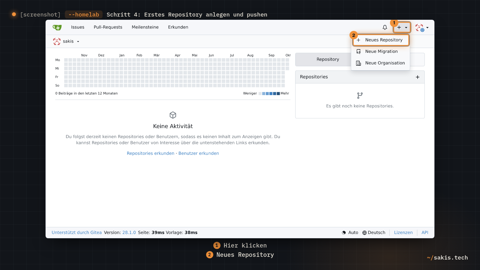 Das Gitea-Dashboard mit dem aufgeklappten Plus-Menü oben rechts, darin der Eintrag Neues Repository.
