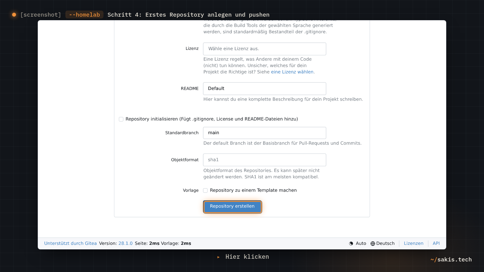 Das untere Ende des Formulars Neues Repository mit dem Knopf Repository erstellen.