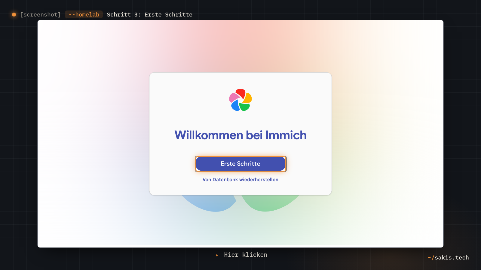 Die Startseite von Immich mit dem Link Erste Schritte und darunter dem Knopf Von Datenbank wiederherstellen.