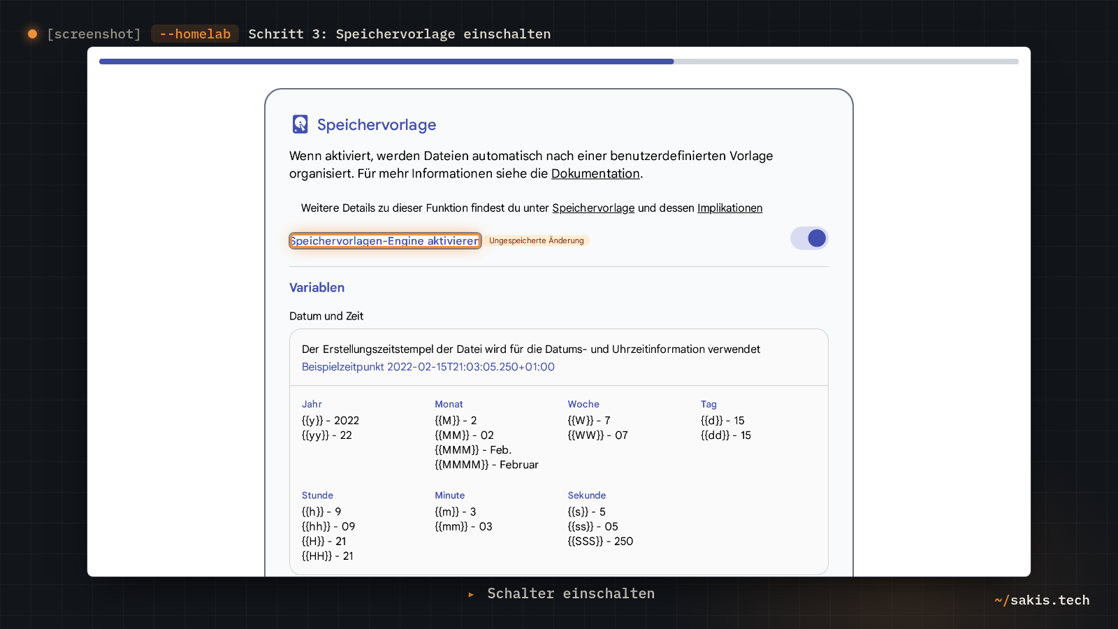 Die Seite Speichervorlage des Assistenten mit eingeschaltetem Schalter Speichervorlagen-Engine aktivieren und der Marke Ungespeicherte Änderung.