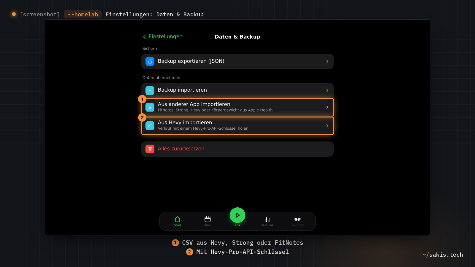 Die Seite Daten & Backup mit den Knöpfen Backup exportieren, Backup importieren, Aus anderer App importieren und Aus Hevy importieren.