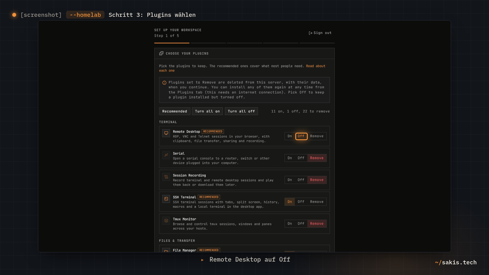 Der Einrichtungsassistent von Termix, Schritt Choose your plugins, mit der Liste der Plugins und den Schaltern On, Off und Remove; Remote Desktop steht auf Off.
