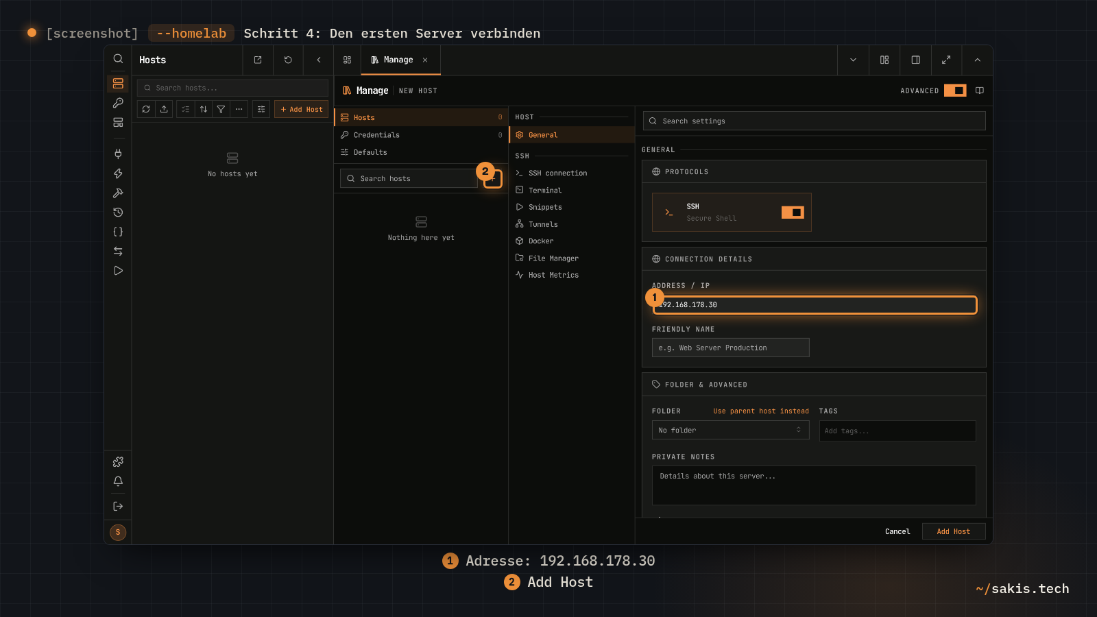 Die Ansicht Manage in Termix mit dem Formular für einen neuen Host; im Feld Address / IP steht 192.168.178.30.