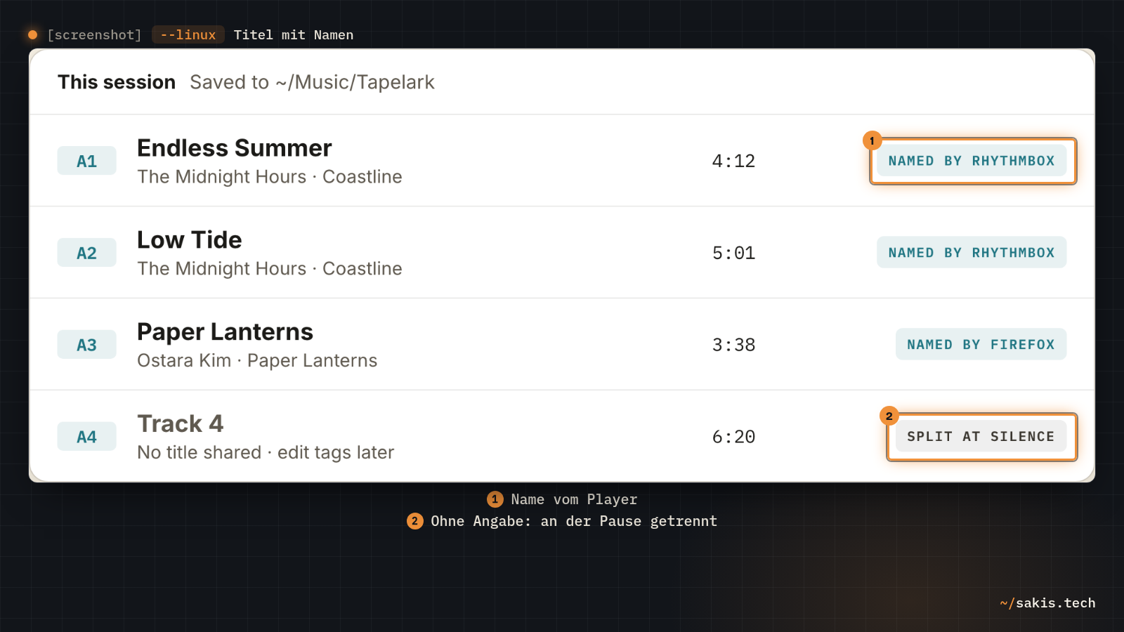 Die Liste This session mit vier Titeln: drei tragen Namen, die Rhythmbox oder Firefox gemeldet haben, der vierte heißt Track 4 und wurde an einer Pause getrennt.