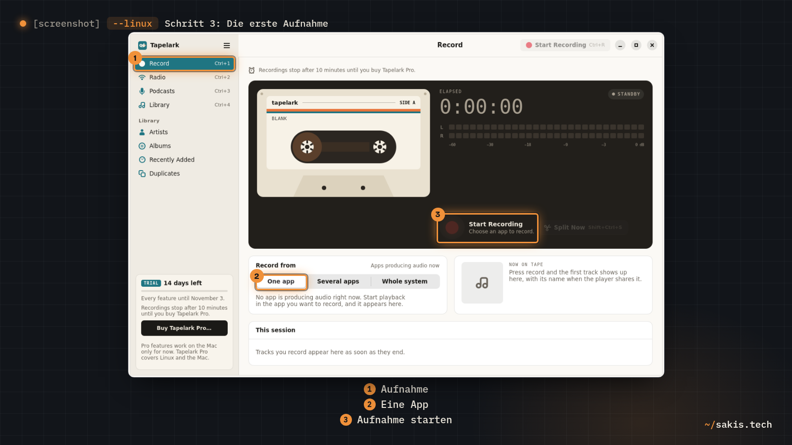 Das Tapelark-Fenster unter GNOME vor der ersten Aufnahme: links der Punkt Record, unten die Wahl Record from mit One app, Several apps und Whole system, in der Mitte der Knopf Start Recording.